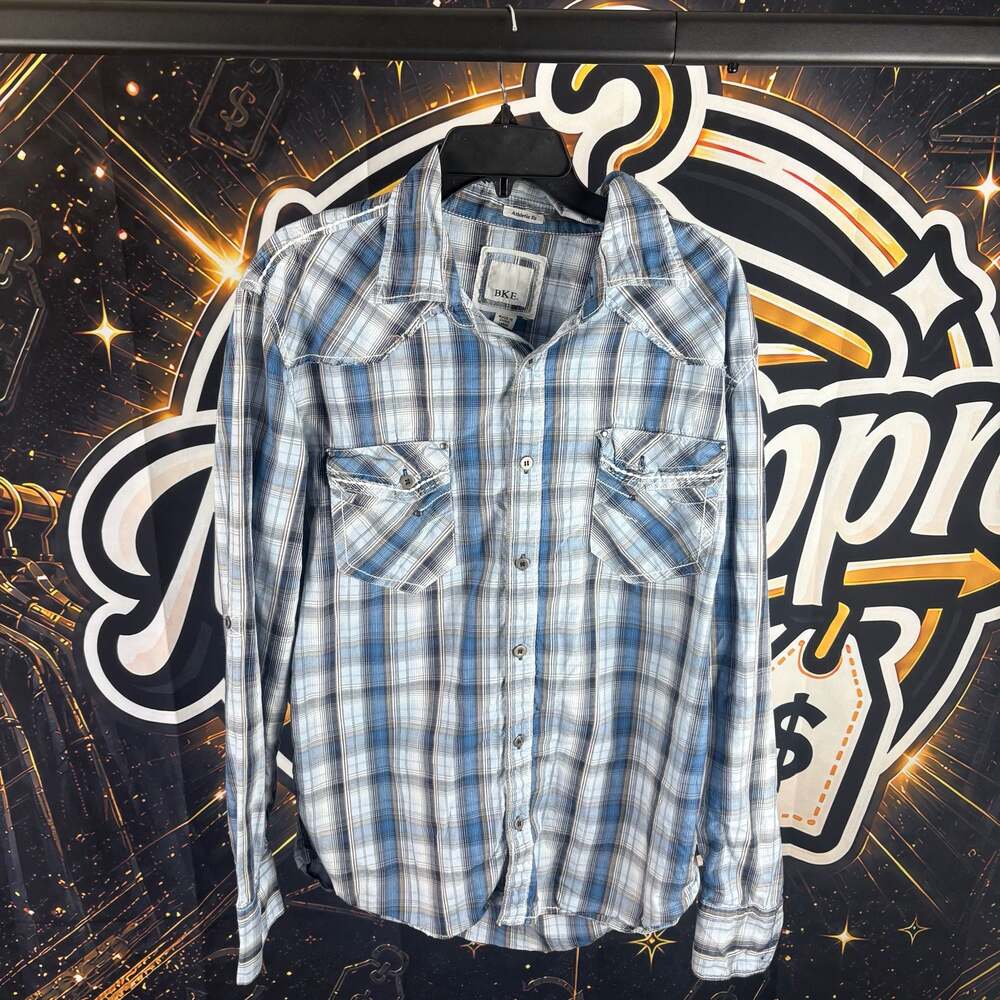 BKE Blue Plaid Long-Sleeve Snap Shirt for Men